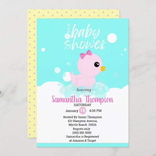 Girls Rubber Ducky Baby Shower Invitations