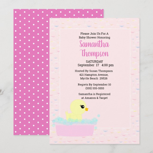 Girls Rubber Ducky Baby Shower Invitations (Front/Back)