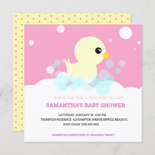 Girls Rubber Ducky Baby Shower Invitations