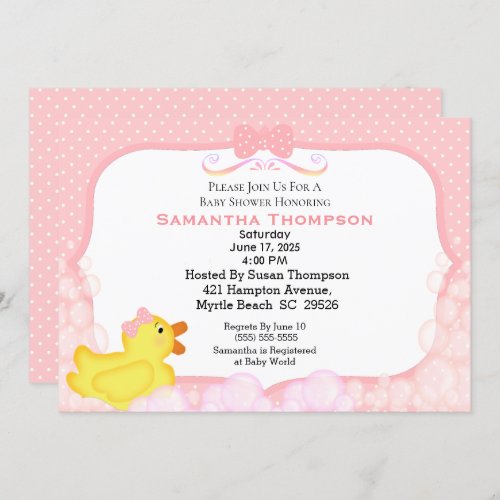 Girls Rubber Ducky Baby Shower Invitations