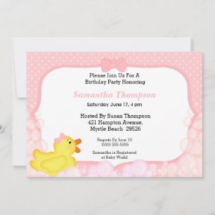Girls Rubber Ducky Birthday Party   Invitations