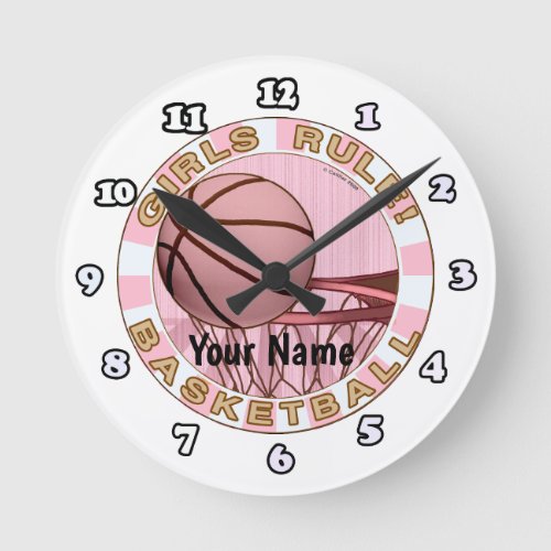 Girls Rule Basketball custom name Round Clock