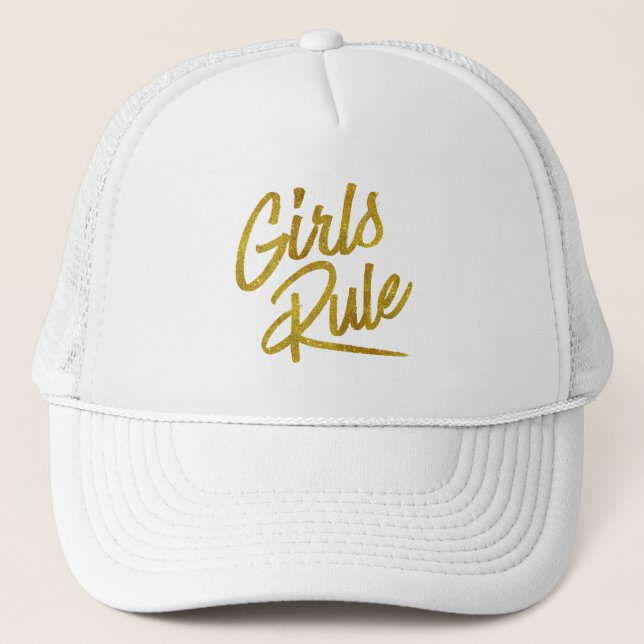 Girls Rule Gold Faux Foil Metallic Glitter Quote Trucker Hat (Front)