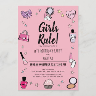 Girls Rule Makeup Spa Slumber Pink Birthday Invitation