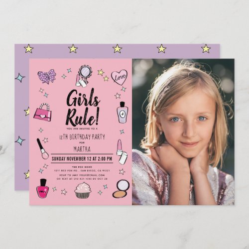 Girls Rule Makeup Spa Slumber Pink Photo Birthday Invitation