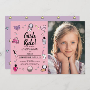 Girls Rule Makeup Spa Slumber Pink Photo Birthday Invitation