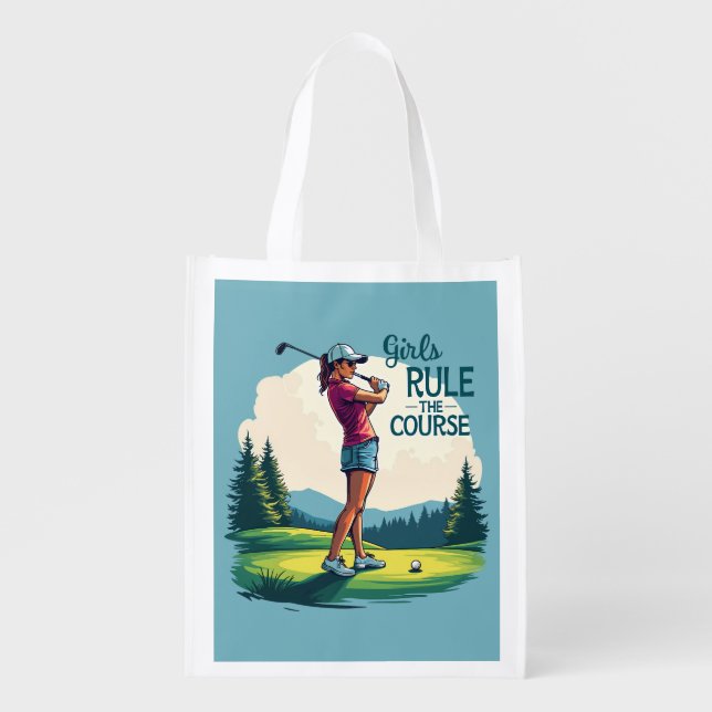 Girls Rule the Course Retro Golf Illustration Grocery Bag (Front)