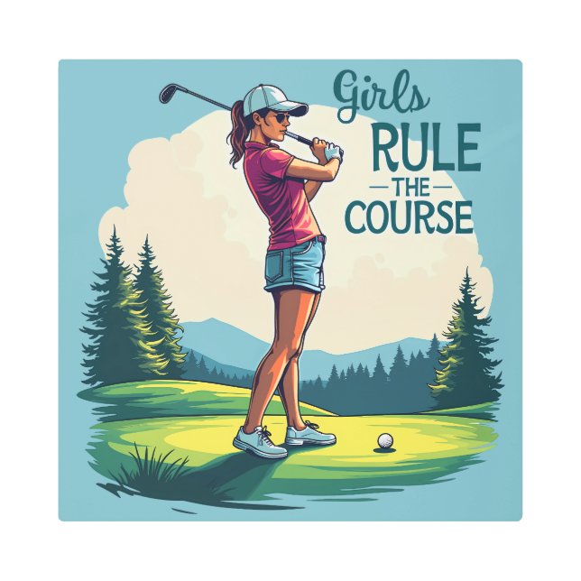 Girls Rule the Course Retro Golf Illustration Metal Print (Front)
