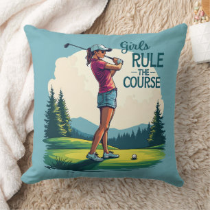 Girls Rule the Course Retro Golf Illustration Throw Pillow