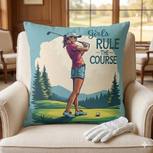 Girls Rule the Course Retro Golf Illustration Throw Pillow