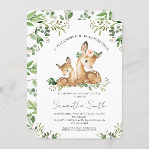 Girls Rustic Foliage Deer Themed Fawn Baby Shower Invitation