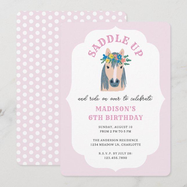 Girls Saddle Up Pink Pony Horse Birthday Invitation (Front/Back)
