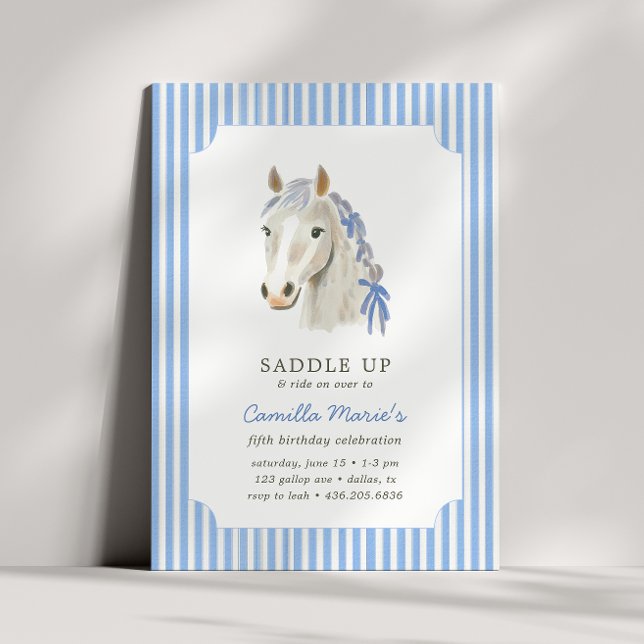 Girls Saddle Up Preppy Pony Horse Blue Birthday  Invitation (Creator Uploaded)