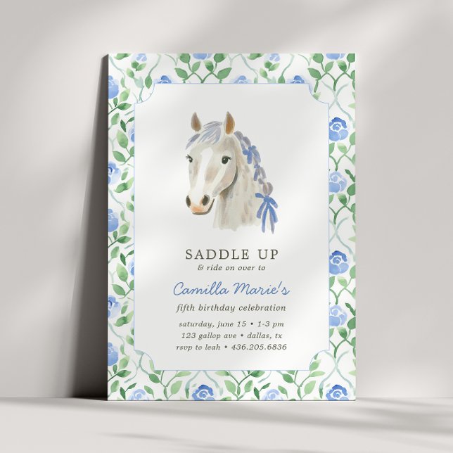 Girls Saddle Up Preppy Pony Horse Toile Birthday  Invitation (Creator Uploaded)