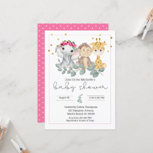 Girls Safari Animals and Greenery Baby Shower Invitation