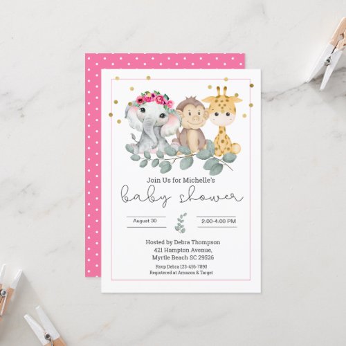  Girls Safari Animals and Greenery Baby Shower    Invitation