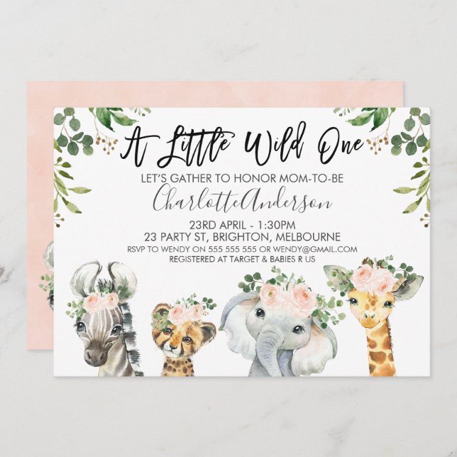 Girls Safari Animals Baby Shower Invitation (Front/Back)