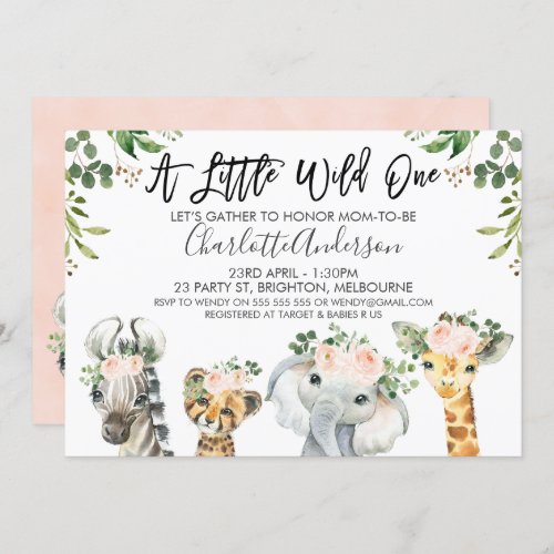 Girls Safari Animals Baby Shower Invitation