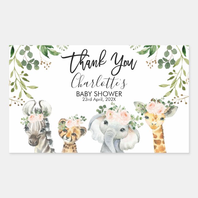 Girls Safari Animals Baby Shower Rectangular Sticker (Front)