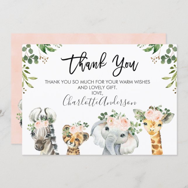 Girls Safari Animals Baby Shower Thank You Card (Front/Back)