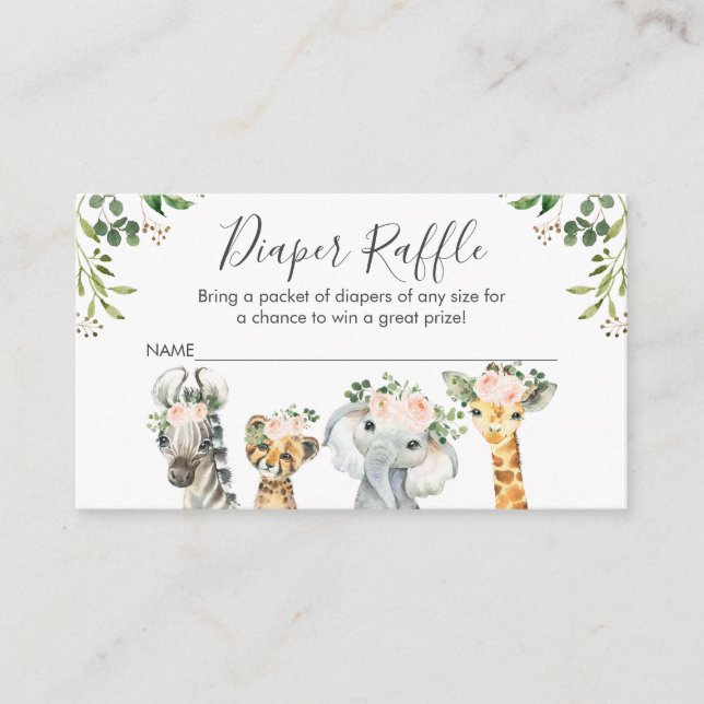 Girls Safari Animals  Diaper Raffle Card Insert (Front)