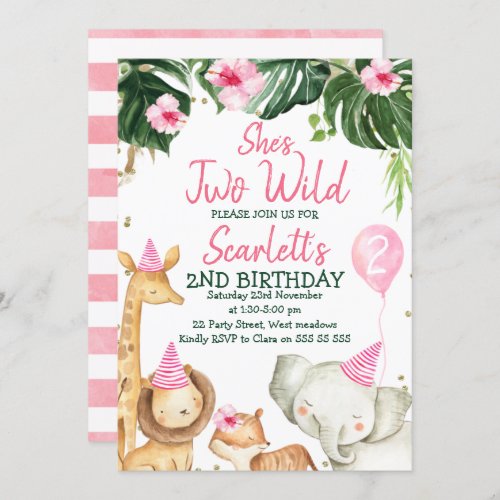 Girls Safari Animals Shes Two Wild Birthday Invitation