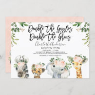 Girls Safari Animals Twins Baby Shower Invitation