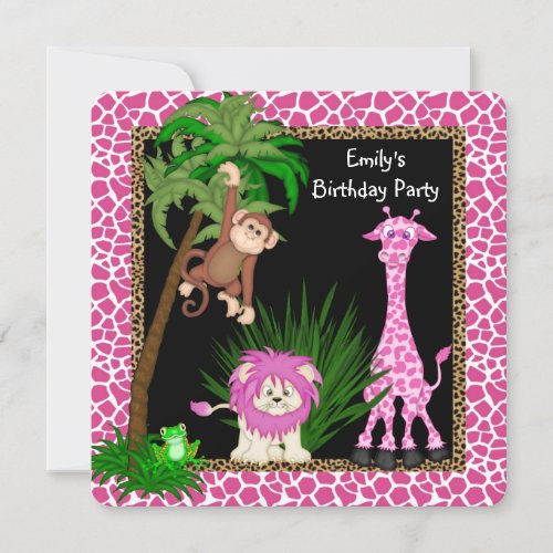 Girls Jungle Safari Birthday Party Invitations