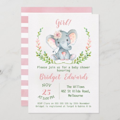 Girl's Safari Elephant Baby Shower Invitation - Are you looking for a sweet girl's watercolor safari animal baby shower invitation?  This cute design features an elephant on a scanned watercolor paper background.  I've also used some floral foliage and a decorative brush calligraphy font for the name and heading.  The back of the invitation is a baby pink watercolor striped pattern.  More invitation designs in this theme are available at the store soon. This girl's watercolor safari elephant baby shower invitation is ready to be personalized.