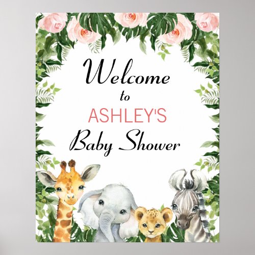 Girls Safari Floral Baby Shower Welcome Poster