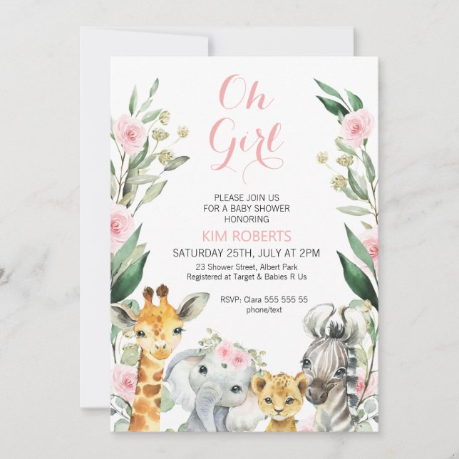 Girls Safari Floral Wreath Baby Shower Invitation (Front)