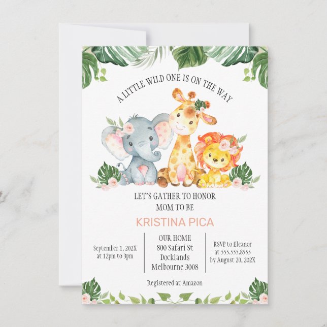 Girls Safari Greenery Baby Shower Invitation (Front)