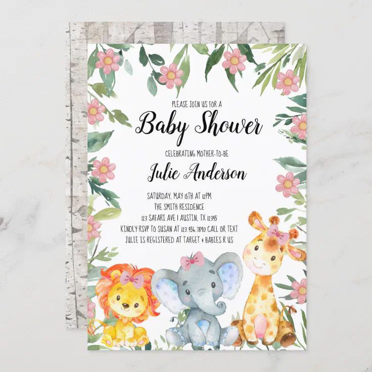 Girls Safari Jungle Animals Baby Shower Invitation | Zazzle