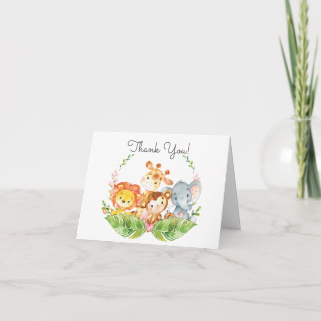 Girls Safari Jungle Baby Shower Thank You Note Card (Front)