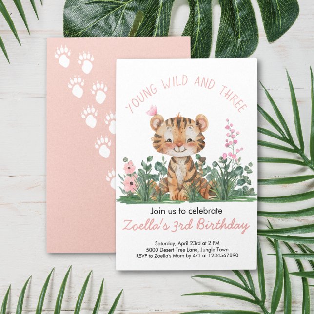 Girl's Safari Jungle Birthday Invitation (Safari Jungle 3rd Birthday Young Wild and Three Tiger Greenery Pink Birthday Invitation)