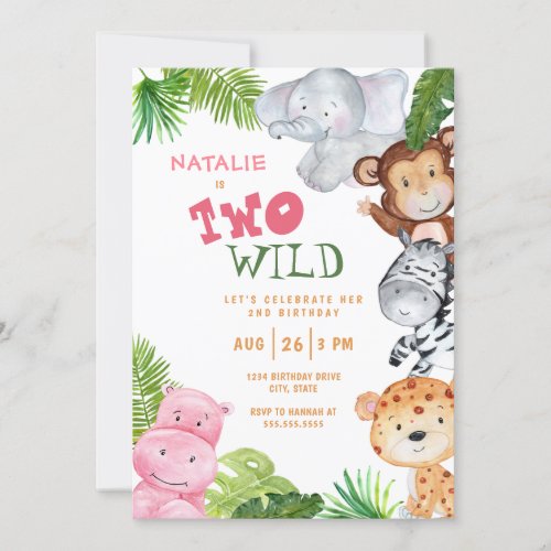 Girls Safari Jungle Two Wild 2nd Birthday Invitation