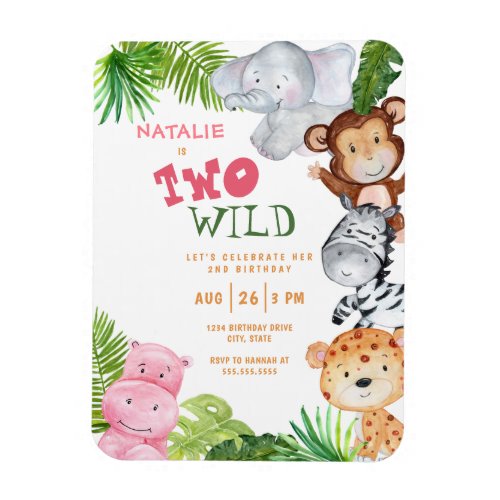 Girls Safari Jungle Two Wild 2nd Birthday Invite Magnet