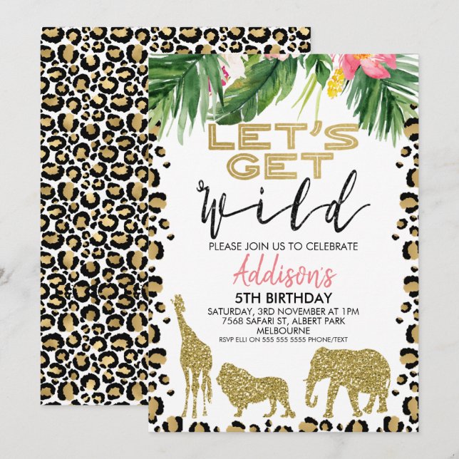Girls Safari Let's Get Wild Birthday Invitation (Front/Back)