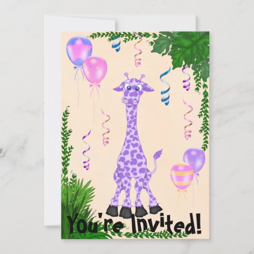 Girls Safari Purple Giraffe Birthday Invitation
