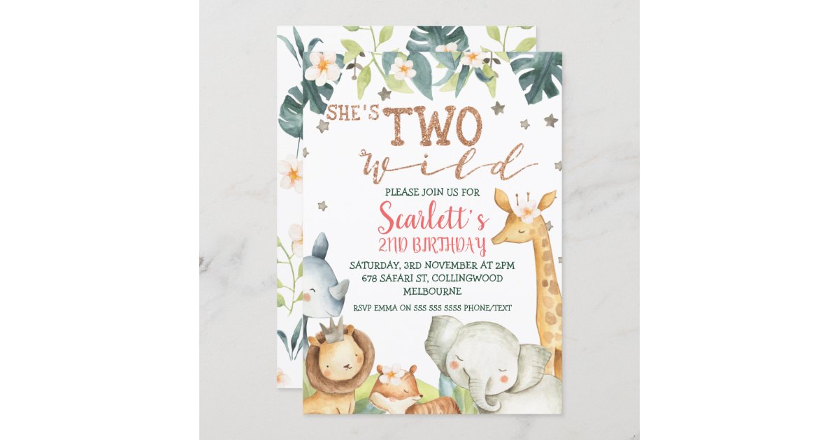 Girls Safari Shes Two Wild Birthday Invitation Zazzle