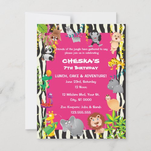 Girl's Safari Theme - Kid's Birthday Party Invites