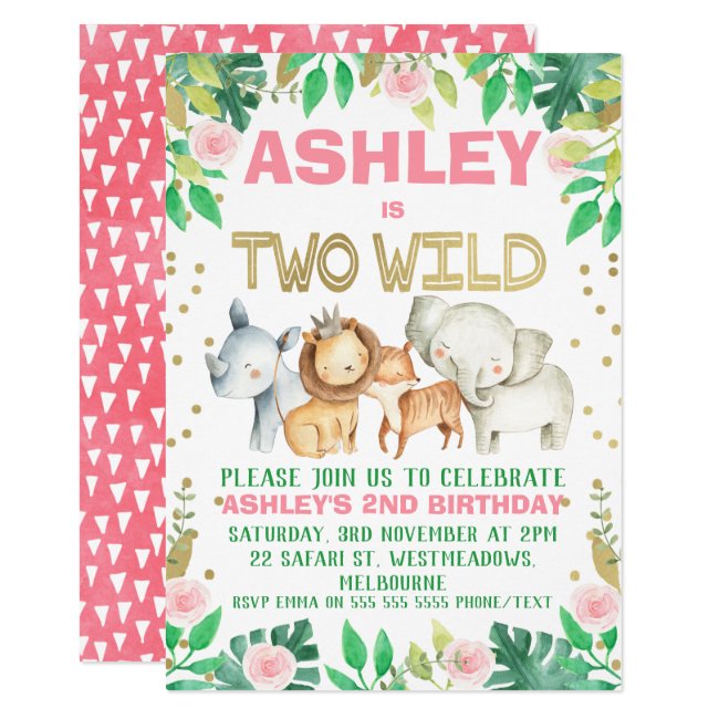 Girls safari two wild 2nd birthday invitation