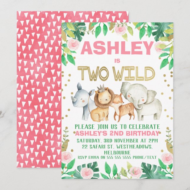 Girls safari two wild 2nd birthday invitation (Front/Back)