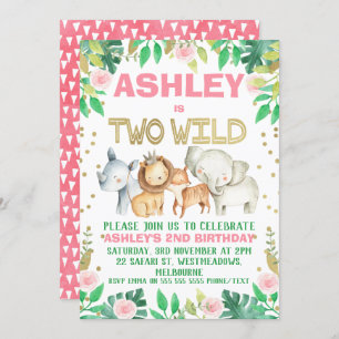 Girls safari two wild 2nd birthday invitation