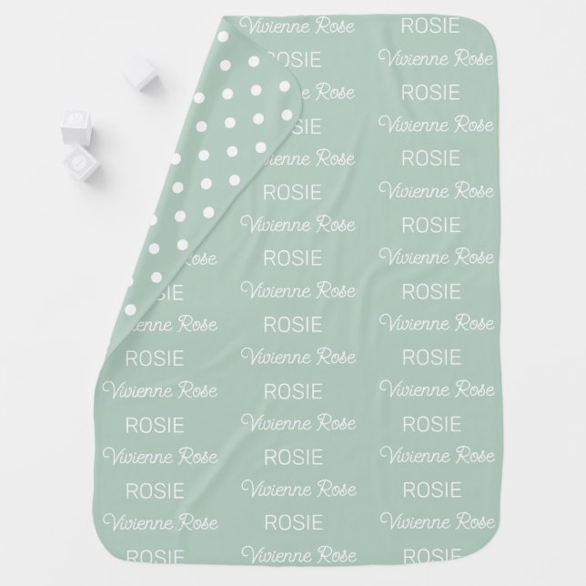 Girls Sage Green Personalized Script Name Baby Blanket (In Situ)