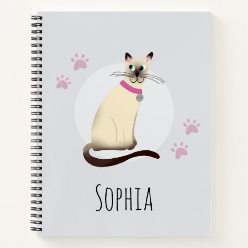 Girls School Cute Siamese Cat Cartoon Name Kids Notebook