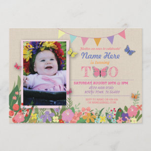 Girl's Second 2nd 2 Two Butterfly Birthday Invite