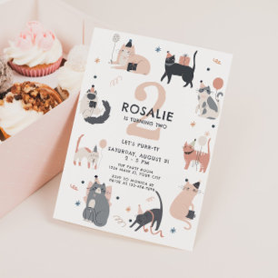 Girls Second Birthday Pink Cat  Invitation