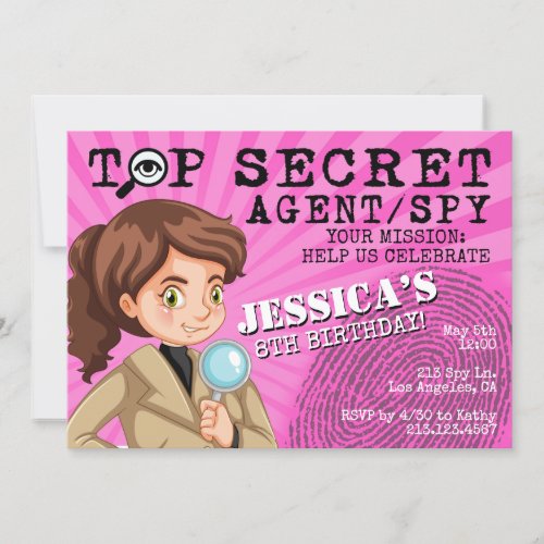 Girls Secret Agent Spy Birthday Party Invitation