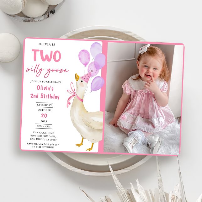 Girls Silly Goose 2nd Birthday Party Photo  Invitation (Creator Uploaded)